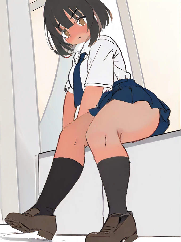 ultra-detailed,best quality,masterpiece,ultra-detailed,high resolution,extremely detailed CG,perfect anatomy,detailed,cinematic lighting,beautiful detailed eyes,ultra high res,1girl,(18 years old:1.4),gleaming skin,oil skin,sweat,humid,trembling,strong light coming in,spot lighting,bright,clothed,(school uniform:1.2),knee-socks,skirt,(School stairs:1.3),nsfw,(lace panties:1.3),(cameltoe:1.2),(love juice:0.5),frown,angry,contemptuous,disdain,(hate:1.4),(blush:0.4),looking down,