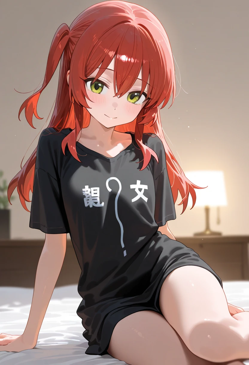 miku nakano, Nakano Miku Ticket III, long hair, bangs, blue eyes, brown hair, hair between eyes, Wake up,sleepy,T-shirt slightly open,black string pants,barefoot,smile,Bedroom,light goes out, covered with a blanket, windows,ロマンチックなmorning日,morning,extreme light,sitting on the bed,
break indoors, Bedroom,
break (masterpiece:1.2), highest quality, High resolution, unity 8k wallpaper, (shape:0.8), (beautiful and detailed eyes:1.6), highly detailed face, perfect lighting, Very detailed CG, (perfect hands, perfect anatomy),
