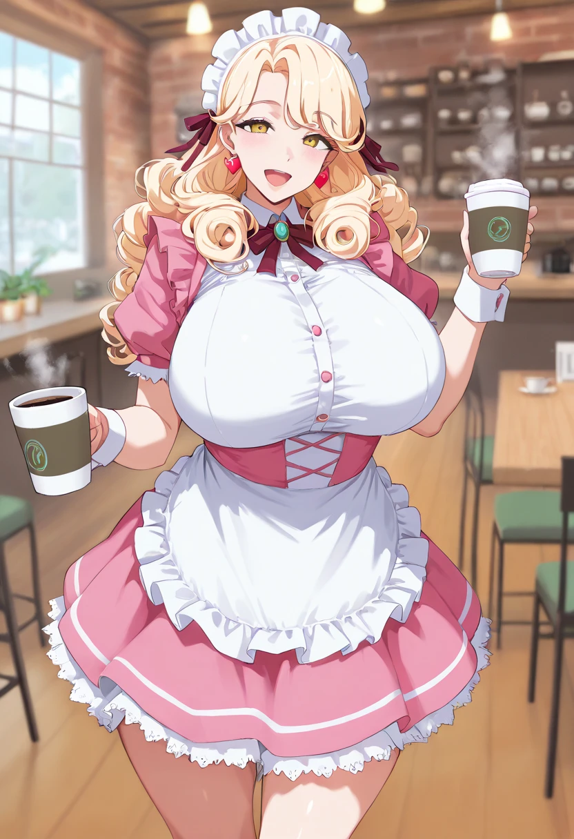 Erotic Anime Illustration、Highest image quality、A plump gal who serves as a waiter at a coffee shop、Princess Zelda、perfect proportions、beautiful eyes、dirndl、Overwhelmingly big breasts beyond the norm、cowboy shot、smile、Naivety