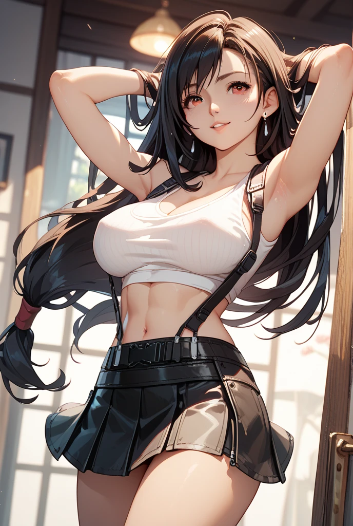 masterpiece, best quality, best lighting, shadows, perfect anatomy, 1 girl, adult anime girl, 2, mature features, showing tits, bitchy face, pretty lips, pretty eyes, black wavy hair, black eyes, seductive eyes, blushing, flirty, pretty smile, tiny red skirt, wet white tight shirt, classroom background, ass, breast, thighs, seductive, spicy, hot, flirty, nsfw,