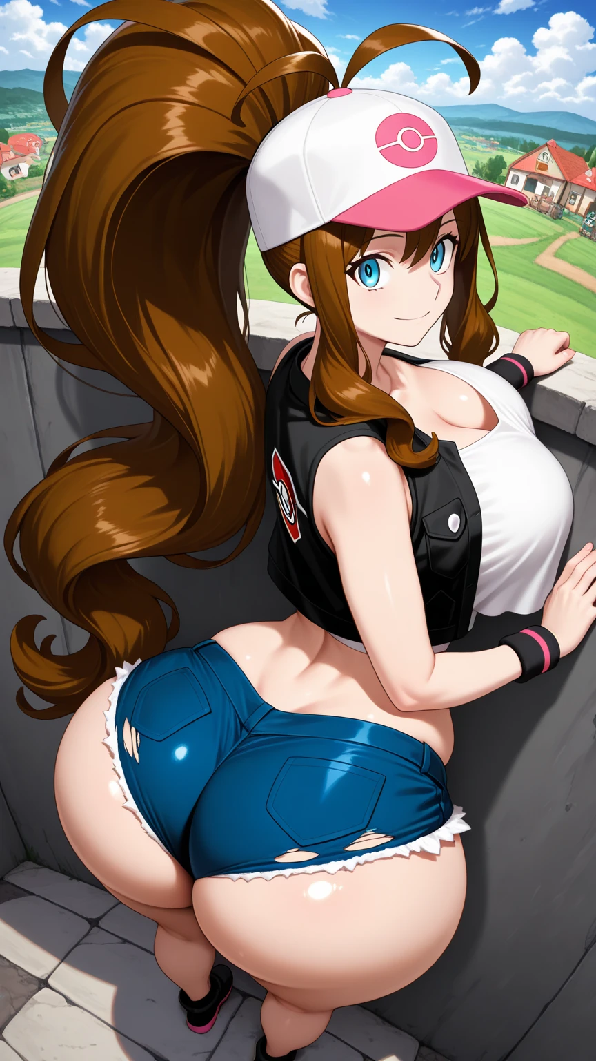 brigitte overwatch , thighs, full body, white high heels, nude tits, sitting, blue jeans pants, wide hips, nude tits