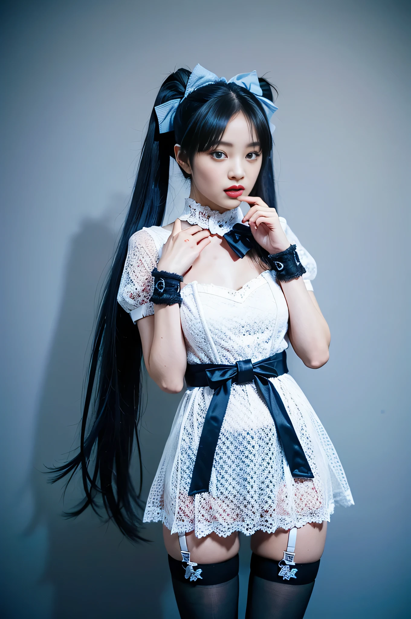 (8K, Raw photo, Best Quality, masutepiece:1.2), high-definition RAW color photography, professional photograpy, (Realistic, photographrealistic:1.37), ((Best Quality)), various attractive posing, full body shot;1.2. 1young girl, asymmetrical legwear, (black bow:1.2), black ribbon, (blue hair:1.5), bow, breasts, gloves,(hair bow:1.3), (very long hair:1.2), simple background, standing, striped bow, thighhighs, white background, white gloves, (lace legwear:1.2), Delicate hands, detailed fingers, five fingers, (one hand pinching the waist:1.3), (twintails:1.3), realhands, nsfw
