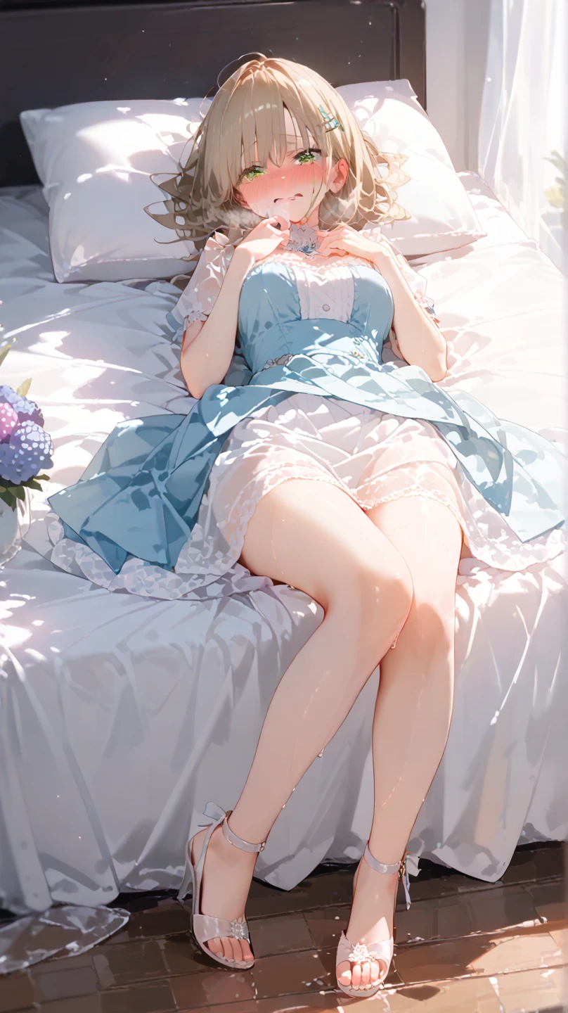 Sweet Girls Clothes 2,Pearl Necklace,Blue Dress,flower,Realistically, high resolution, 1 female, Solitary, (Delicate face), Brown hair, blue eyes、beautiful 、cleveage、mix4, (Best Illustration Award: 1.1), (The best shadow: 1.1), Express、Radiant skin。Practical、(Reality:1.37)、(Korean pop idol)、Messy hair、Medium Length Hair、(Pink blush)、(illuminate)、(solo)、Dynamic poses、(Thin legs)、North African Trade Zone、Very detailed content ambient occlusion、超high resolution, 超Practical, Very detailed content