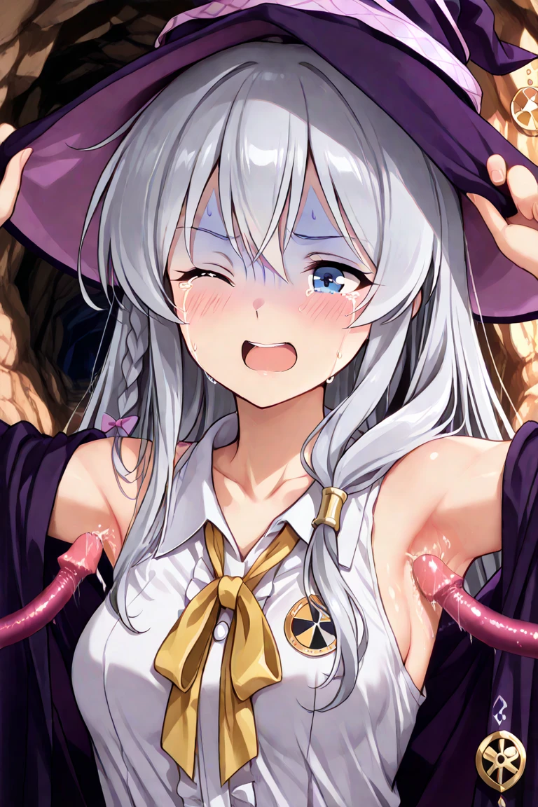 Browsing Caution,white hair,((Very small boobs)),Flat chest,,(((steam around pussy))),(clitoris, urethra, close-up crotch, crotch focus,crotch grab),(((spread legs, showing pussy))), ((open vagina)),(witch),(sweat),very long hair,((open mouse,smile)),(half closed eyes),wet,((pubic hair,hairy)),ruins,love juice