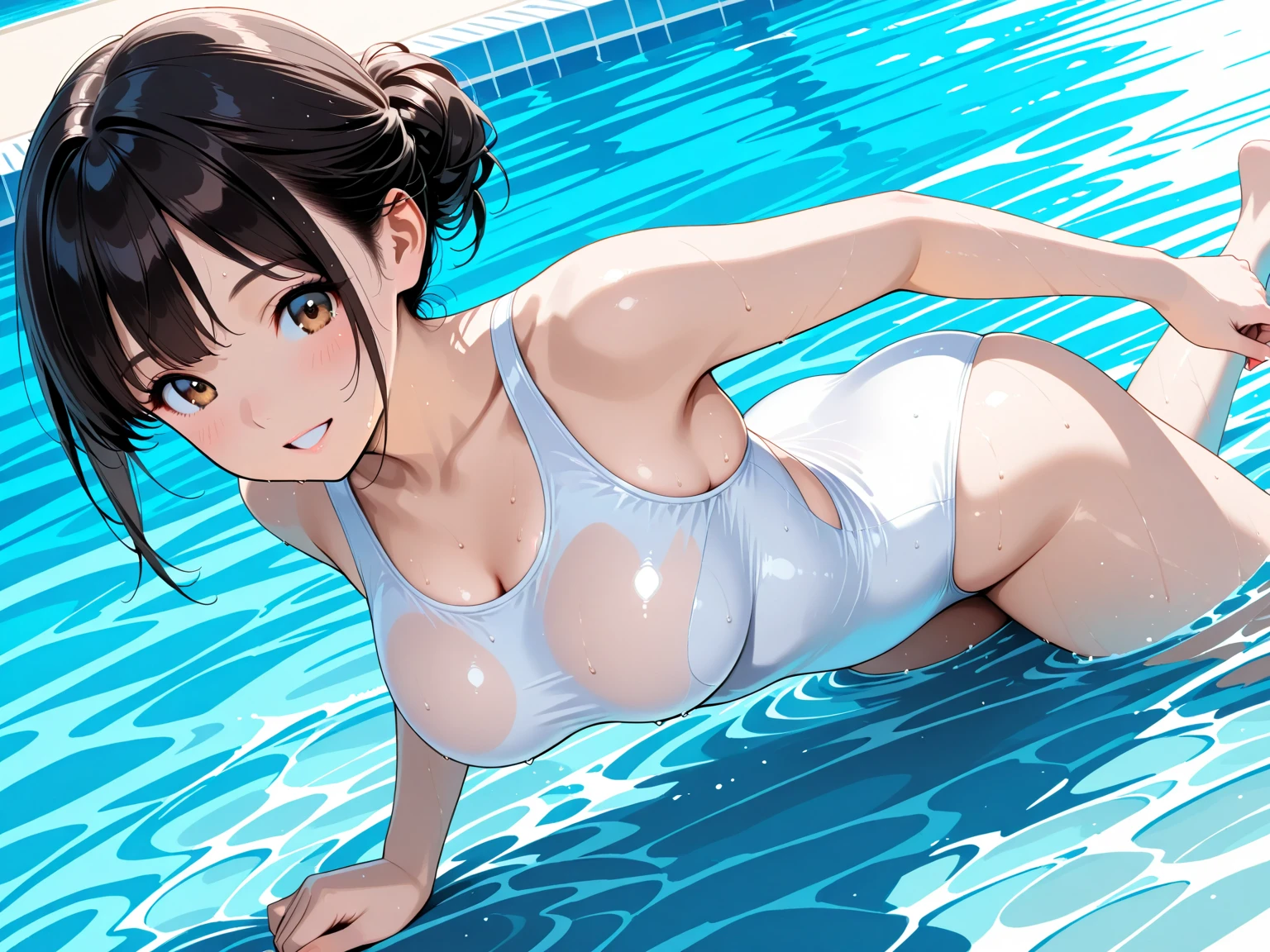 super detailed face, detailed female genitalia, school swimwear, long black hair, small breasts, blush, smile, white high leg, white swimsuit, my whole body was damp, watery, bus, bustub, erect nipples