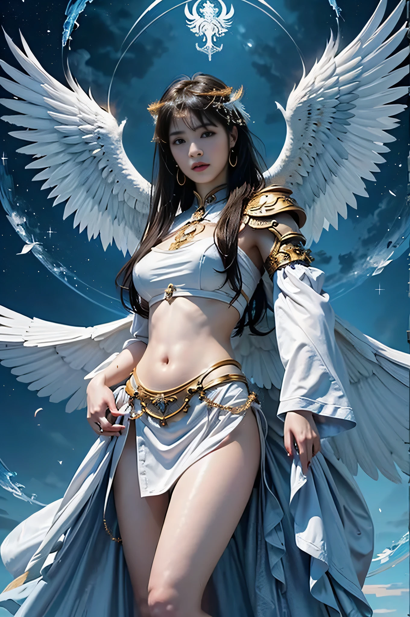 （8K，Best picture quality：1.2），（tmasterpiece：1.37），（photore，realisticlying：1.37），（超高分辨率），realisticlying，photographed，((Meticulous facial features))，A half body，（Valkyrie，holy paladin：0.6）Beautiful design，Shiny，huge tit，Slim body，(the angel's wings)，undergarments，belly-bar，complex，Korea（High quality background inside ruined church empty at night) , (high detal) , 电影灯光