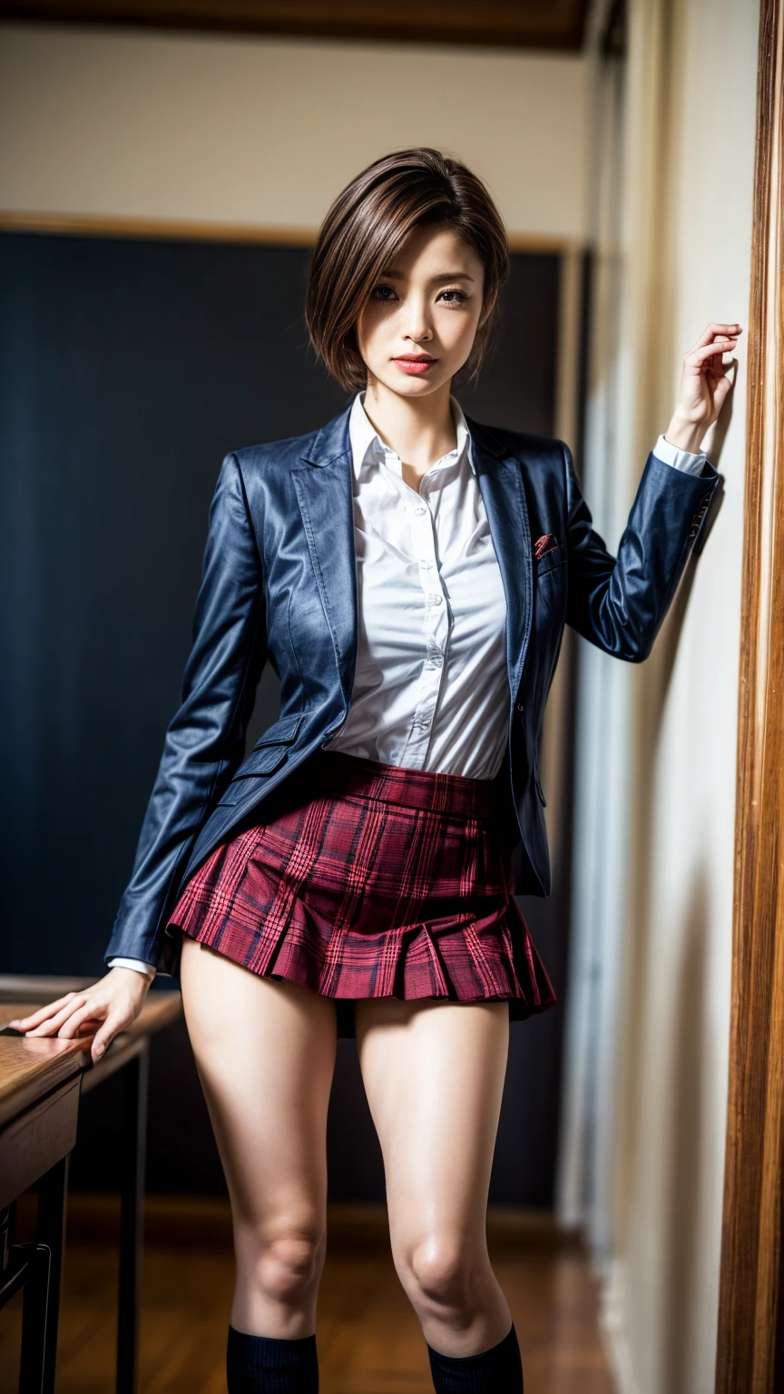 (in 8K, Raw photography, top-quality, masterpiece:1.2),Beautiful Girl, Dark hair, Short hair, (Curly hair), (((Lace light blue panties))), NSFW, (Show your teeth and smile), looking at the viewers, (((Lift the hem of the skirt, Lift the hem of the skirt with both hands, Lift the hem of the skirt yourself))), (Human biologically correct、References)、((Japan school uniform)), (Red Blazer:1.2), (short plaid skirt:1.5), (neck tie:1.2), Check skirt, ((of the highest quality, 16 K, masutepiece: 1.3)), 1 girl, Light on Face, hyperdetailed face, very detailed lips, Detailed eyes, Realistic pupils, Beautiful hands of the city, Two hands, normal hands, Two arms, complete hands, Beautiful body, Beautiful fingers, normal fingers, Five Fingers, Five Fingers, (Thumbs、Indexer、Middle Finger、ring finger、Pinky), Beautiful ears, normal ears, Beautiful eyes, shiny eyes, Beautiful mouth, Beautiful lips,(Correct eye balance)