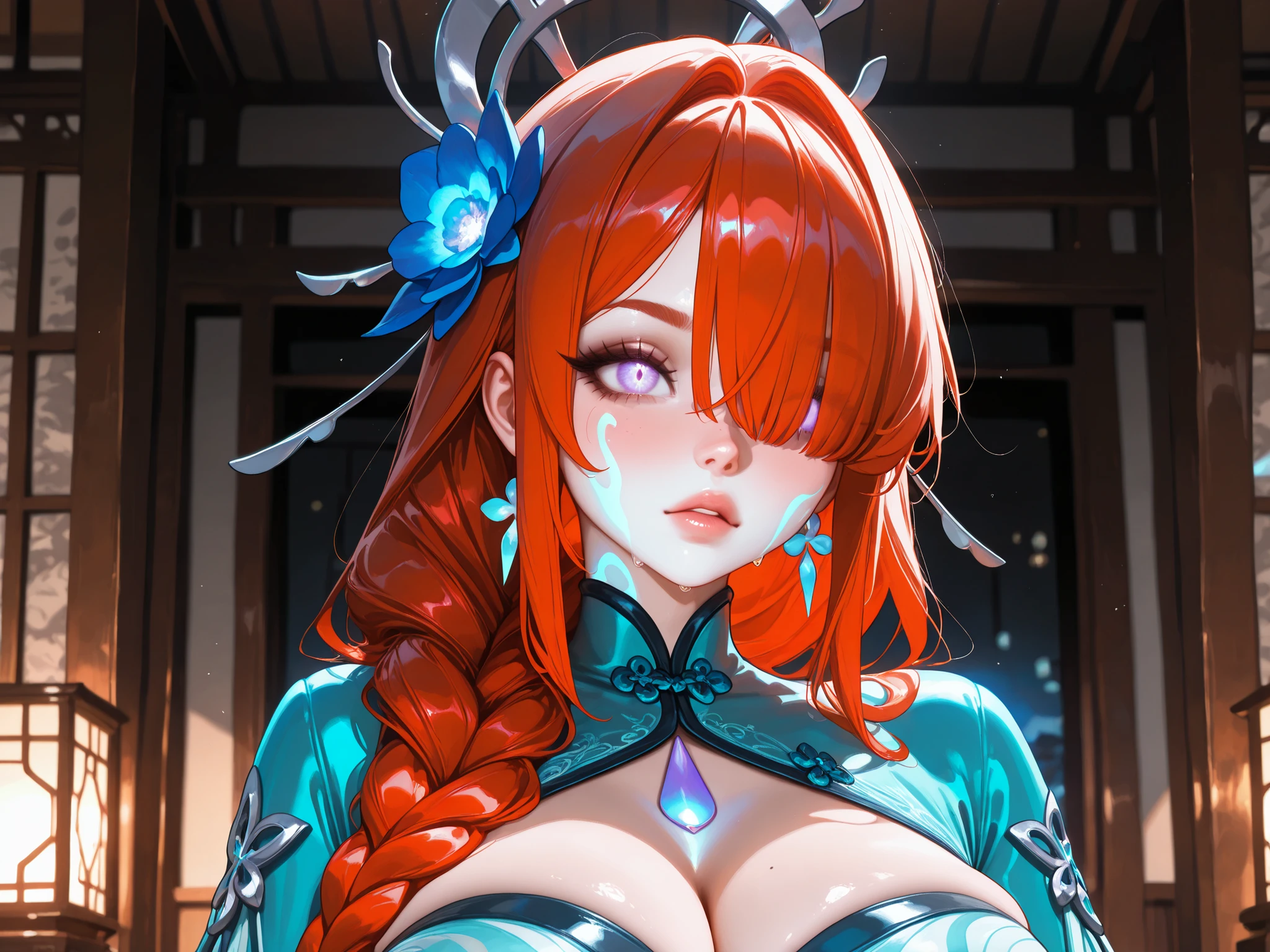 soft lighting, highest details, best quality, Samurai girl, ( a pretty girl, 20 year old ), wear samurai clothes, ( nice body shape, sport body ), midnight jungle, red hair, blue eyes,( Full body view ), standing, ( huge breast : 1.5).