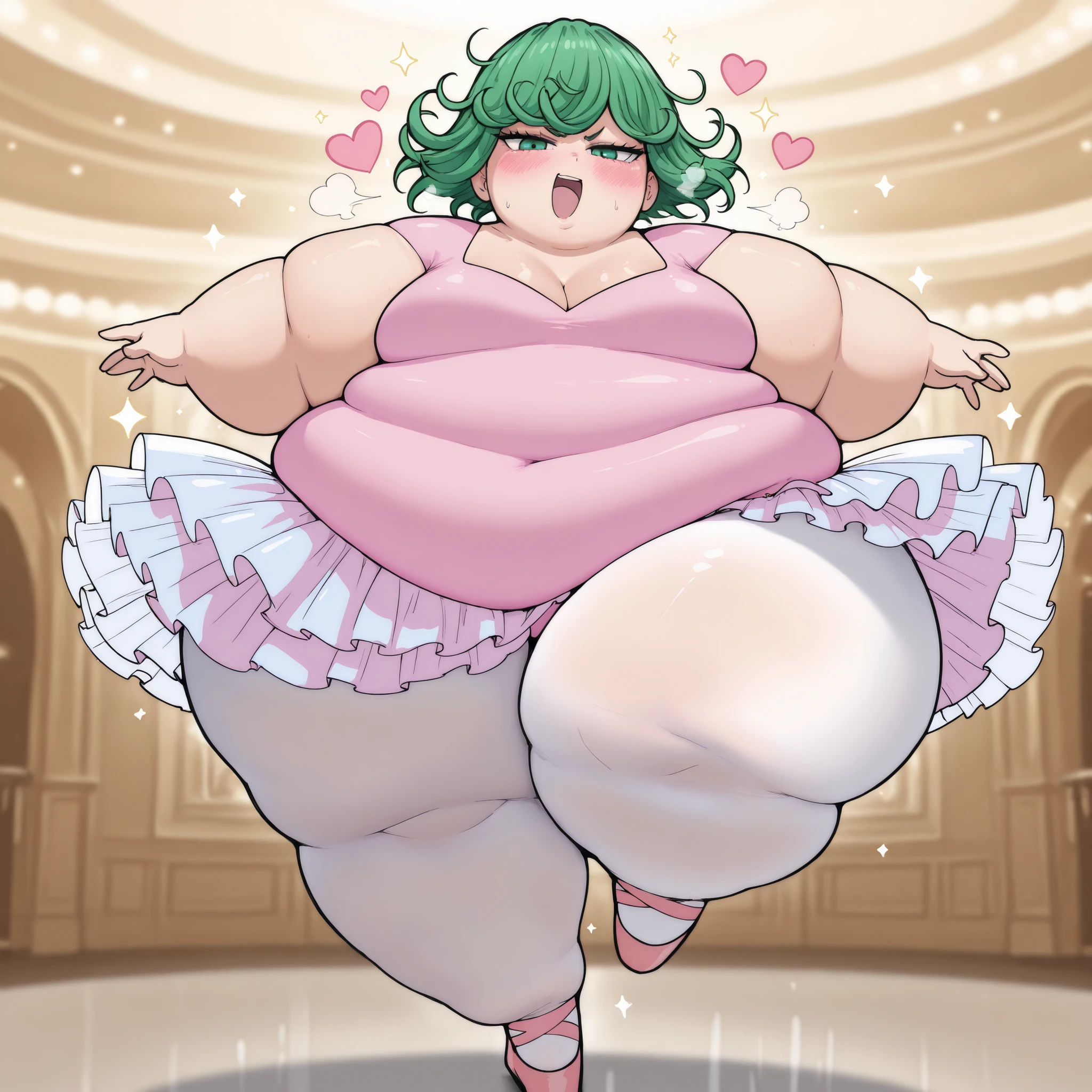 masterpiece, best quality, 1girl, solo Tatsumaki, green hair, short hair, green eyes, , pink leotard, tutu, looking at viewer, white pantyhose, standing on one leg, en pointe, ballerina shoes, (large breasts:0.6), ballroom, blush, smug, fat, chubby, obese, gigantic arms and legs, large breasts open mouth, out of breath, dynamic pose, dynamic angle, , sparkle, heart,