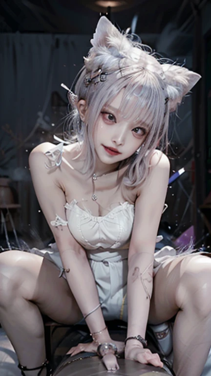 (small young girl full body)、a baby face、Very cute、slim and beautiful、((small :1.2))、The eyes are well drawn、charming eyes、double tail、Wear jewelry and pearls around your neck,Transparent openwork、Deep V、crystal pearl、在Wear jewelry and pearls around your neck,white hair, Showing thighs, bare shoulders, showing clavicle, Yao Liu, barefoot,((whole body))、painful posture
