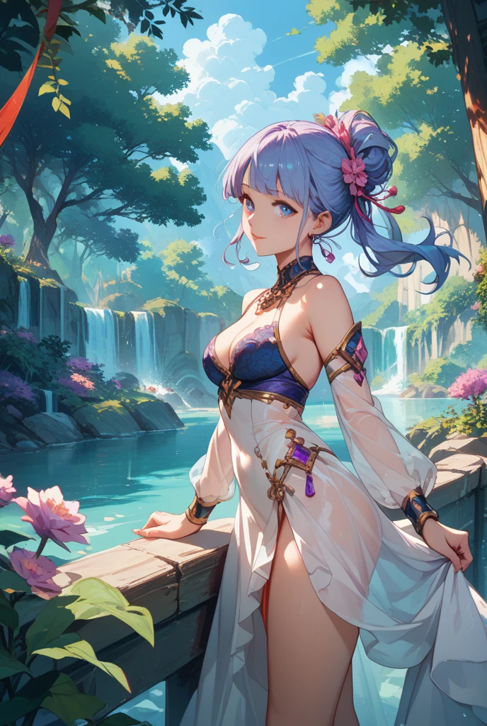 Kujou Sara Genshin Impact, Iwhole body, (NSTDA.:1.2), (10, beste-Qualit, master-piece: 1.4), ultra-high resolution, (realistic, photorealistic: 1.48), Cute Girl 25 years old , ( Beetle Micro see-through bikini:1.11), famous Japanese actress, big breasts, blue eyes, head tilted, cowboy shot, from the side, looking at viewer, emotionless, beautiful river in the forest, Zeiss 150mm F/ 2.8 Hasselblad, whole body, feet, ultra wide angle