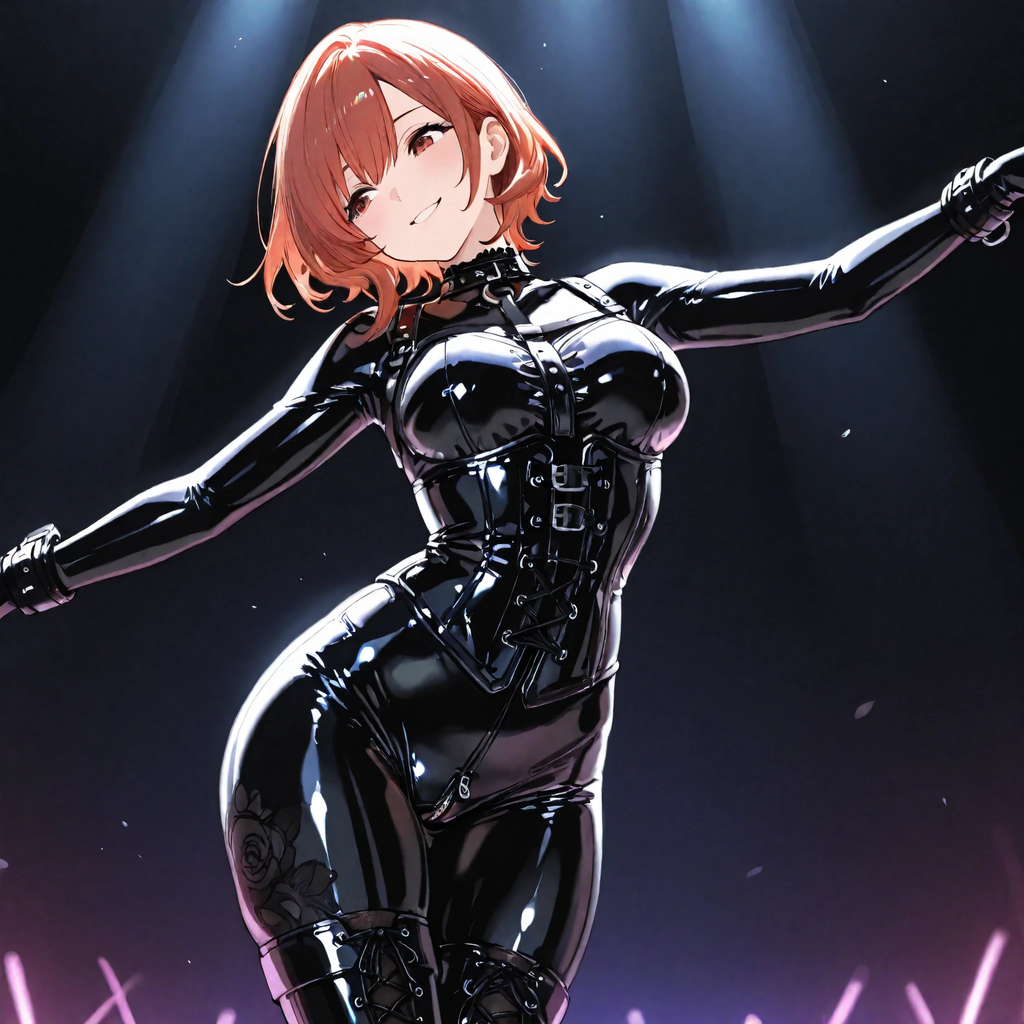 , BD、Queen、government、one girl、alone、(((Long gloves made of black latex that cover all the way to the fingertips.:1.4 )))、(((black latex corset dress:1.4)))(((Black Latex Tight Mini Skirt:1.4)))、(((black thigh boots)))、stiletto heels、(((Black latex bra)))、(((black leather collar)))、(((sexy pose)))、Wide-open legs、(((erotic)))、(((cowboy shot)))、run,orange hair、,double good、bread on both sides、blunt bangs, brown eyes with highlights,shoulder exposure,Anatomically perfect body、anatomically perfect limbs、Four perfect fingers and one thumb、one girl, alone, upper body, (looking at the audience:1.5), in the middle, evil smile, ((pussy)),