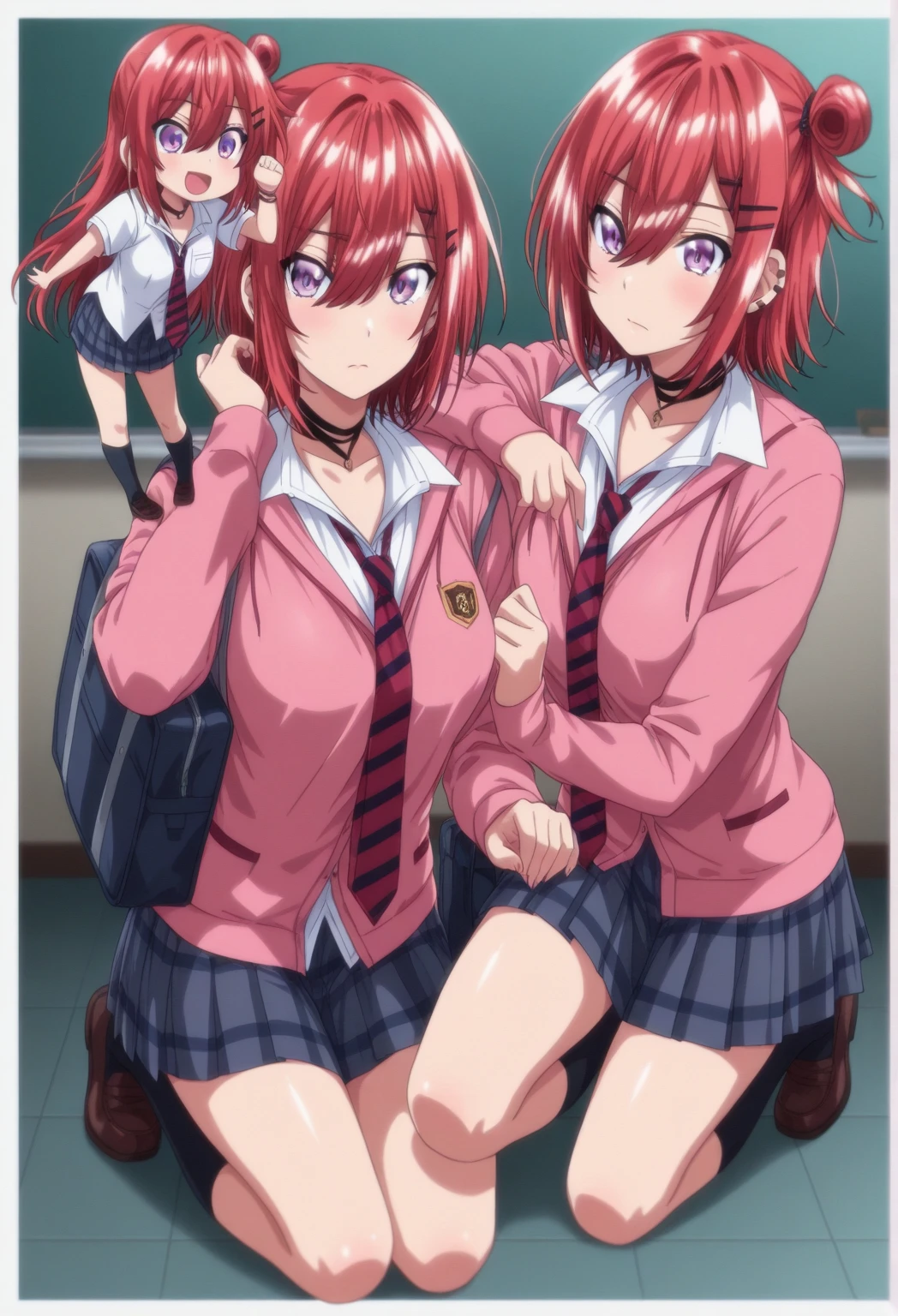2 girls , classroom,floor,Yukinoshita Yukino , (full breats Yuigahama Yui ), physical education sitting ,wear sneakers, (Sole of foot 1.0),blazer,shirt,check skirt,(Pussy cameltoe in panties:1.0),(pink panties:1.0),(blue panties),
