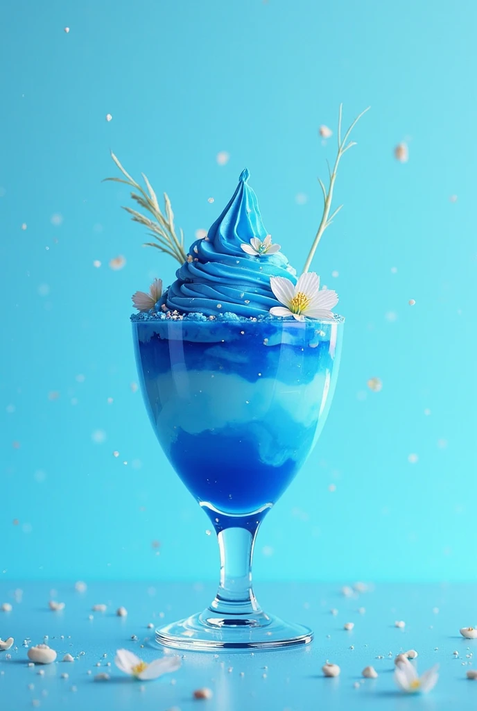 (Masterpiece), (intriciate detail), (Photorealistic:1.3), no human, (Ice cream in old-fashioned champagne glasses), universe, blue theme, Black background, Ice pile, A variety of fruit slices, Cinematic light, simple background layout,