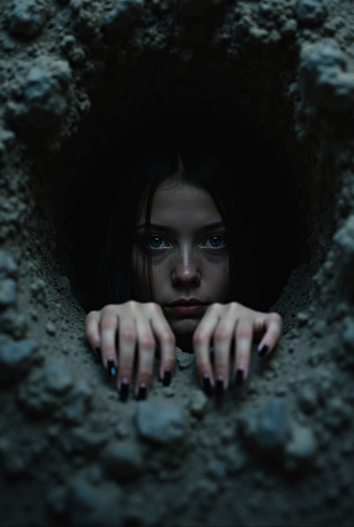 Depressed girl、Long black hair、Small Nose、Skinny body、Glowing white eyes、Thin lips、Inpatients、Upper Body、Close-up、Real、Bottom of a decaying well、