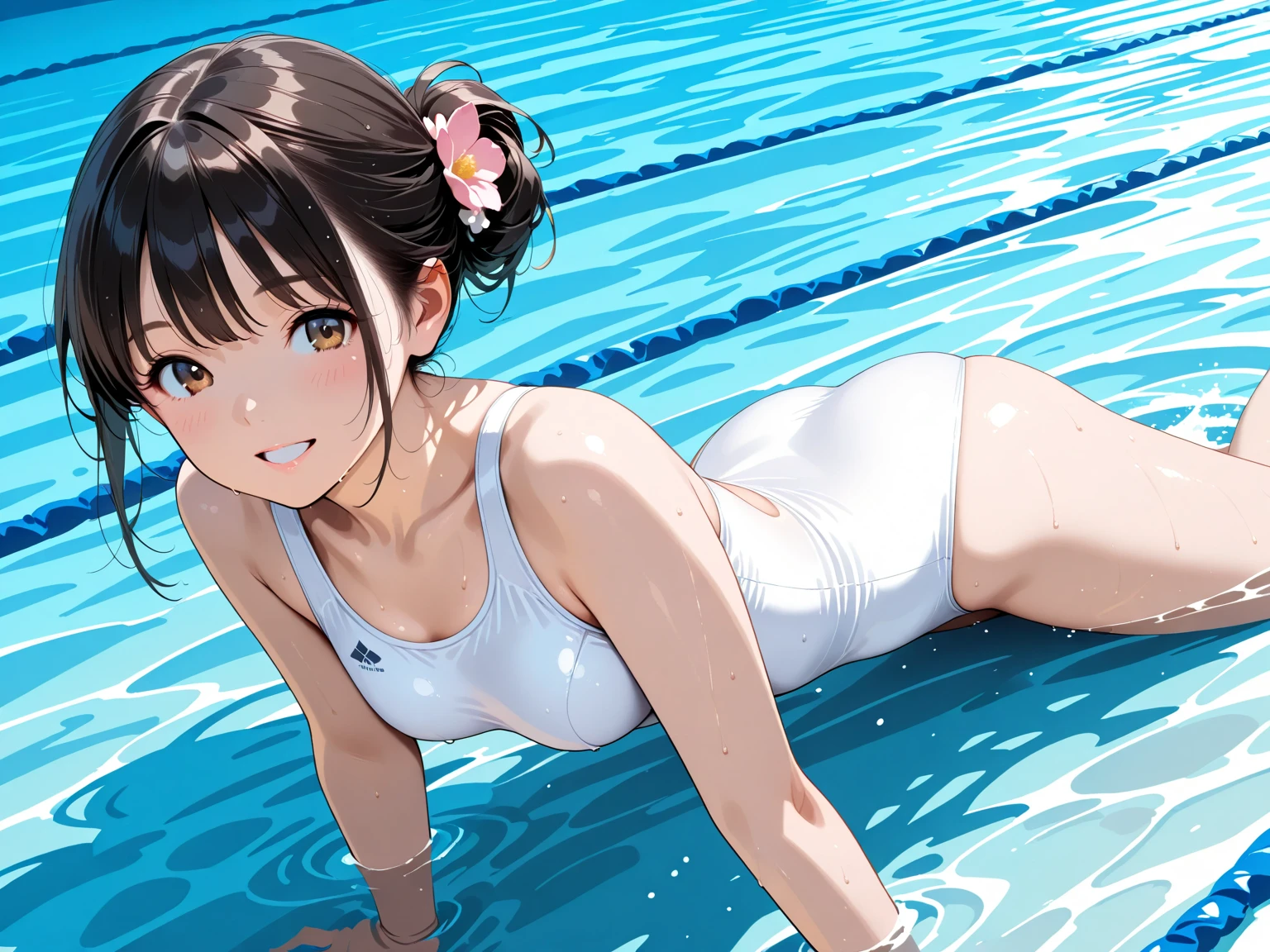 masterpiece,Highest quality,Cute doodles,Hilarious, Honor student, 8-year-old,Low length,Curly Hair, Twin tail hair,Vibrant, inquisitive eyes,freckles,Thick eyebrows,Open Fly,Swim in a simple pool in your garden,Jojo Fashion,Water gun,Wet body,たくさんのsplash,Water Drop,enjoy playing in the water,splash, Sheer one-piece swimsuit for children with white skirt,