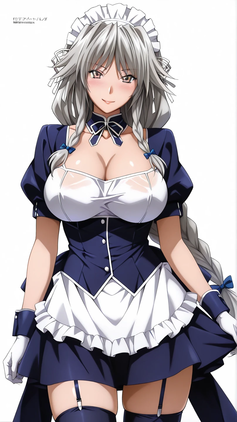 red eyes, (highest quality, masterpiece絵画:1.3), mature woman, 26 years old, (half body shot), masterpiece, Super high resolution, (Photoreal:1.0), silver hair、straight hair, Shiny and beautiful hair, white and shining skin, ((Super realistic details)), octane rendering, highly detailed face, (big breasts:1.0), ((maid)), (黒maid服),((black mini skirt)), (flip up the skirt), (bunny headband), cleavage, perfect body, soft skin, anime face, perfect face, perfect eyes, looking at the viewer, smart, Under the cherry blossom tree background, cherry blossom petals are falling, Lying, outdoors,sharp focus, intricate details, professional artwork, (Bright colors:1.1), Bright colors, diffused lighting, digital blending, Super detailed body, ultra detail hair, super detailed face, It's trending on pixiv, top button opened, shy girl, Cute gaze, compensate, perfect lips, perfect compensate, Super precise painting, (light_smile:0.8), (Very embarrassed:1.2), blush your nose,