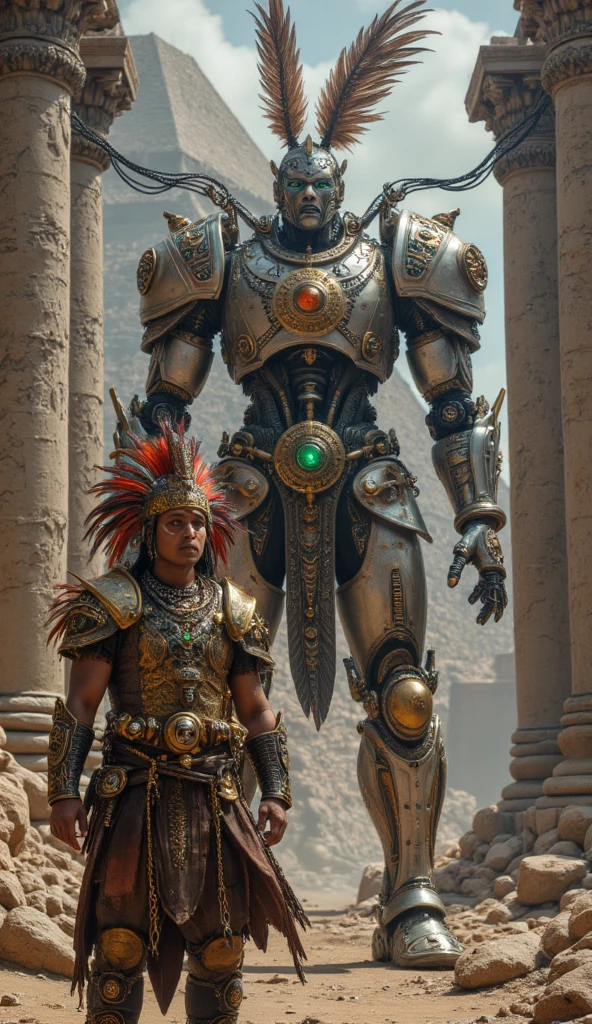two heavily wounded predator yautja with a chain wrapped around them, known for its hunting prowess, lean against a crumbling stone structure in a hauntingly detailed painting. their battle-scarred armor is intricately etched and tarnished, adorned with mysterious symbols. The image captures the warriors's exhaustion and fierce determination, with every crease and scratch meticulously rendered.