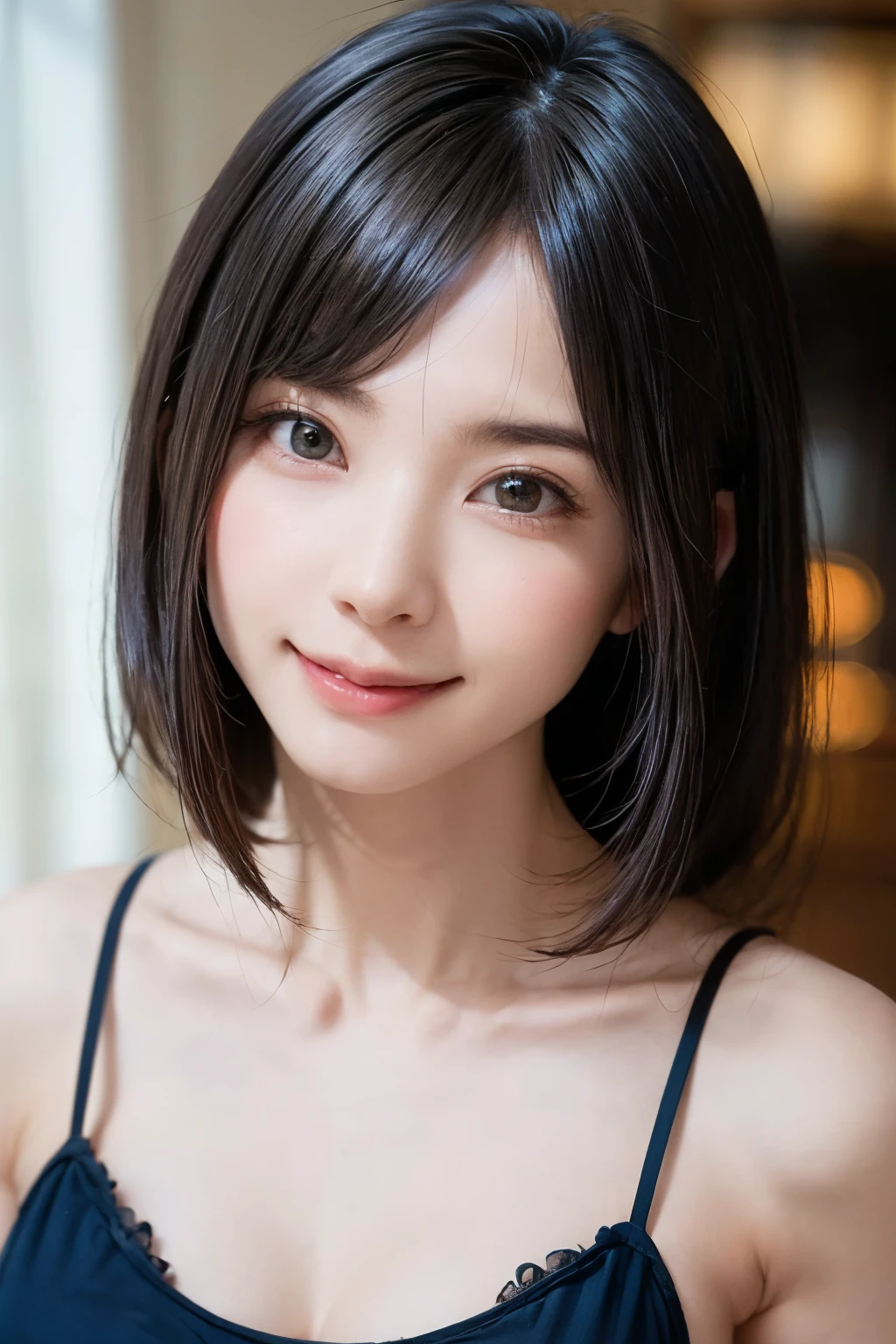 1 girl、highest quality、realistic、alone、Depth of written boundary、natural soft light、daytime、charm、beautiful face、cleanliness、pure face、white skin、cute、short hair、bangs、beach、Light of the sun、Nedium Breast Body Esbian、((セーター黄金比のbeautiful face 対称性のあるbeautiful face))、long neck、show me your ears、bangsのあるきれいな短いボブヘア、smile with your mouth closed、perfect hands指、perfect hands、perfect body、perfect face、Shine a light into your eyes、perfect anatomy:1.4、とてもcuteスーパーモデル:1.4、{Huge|big|Hugeな|mega} chest, cleavage、smile:1.6、Very beautiful teeth:1.6