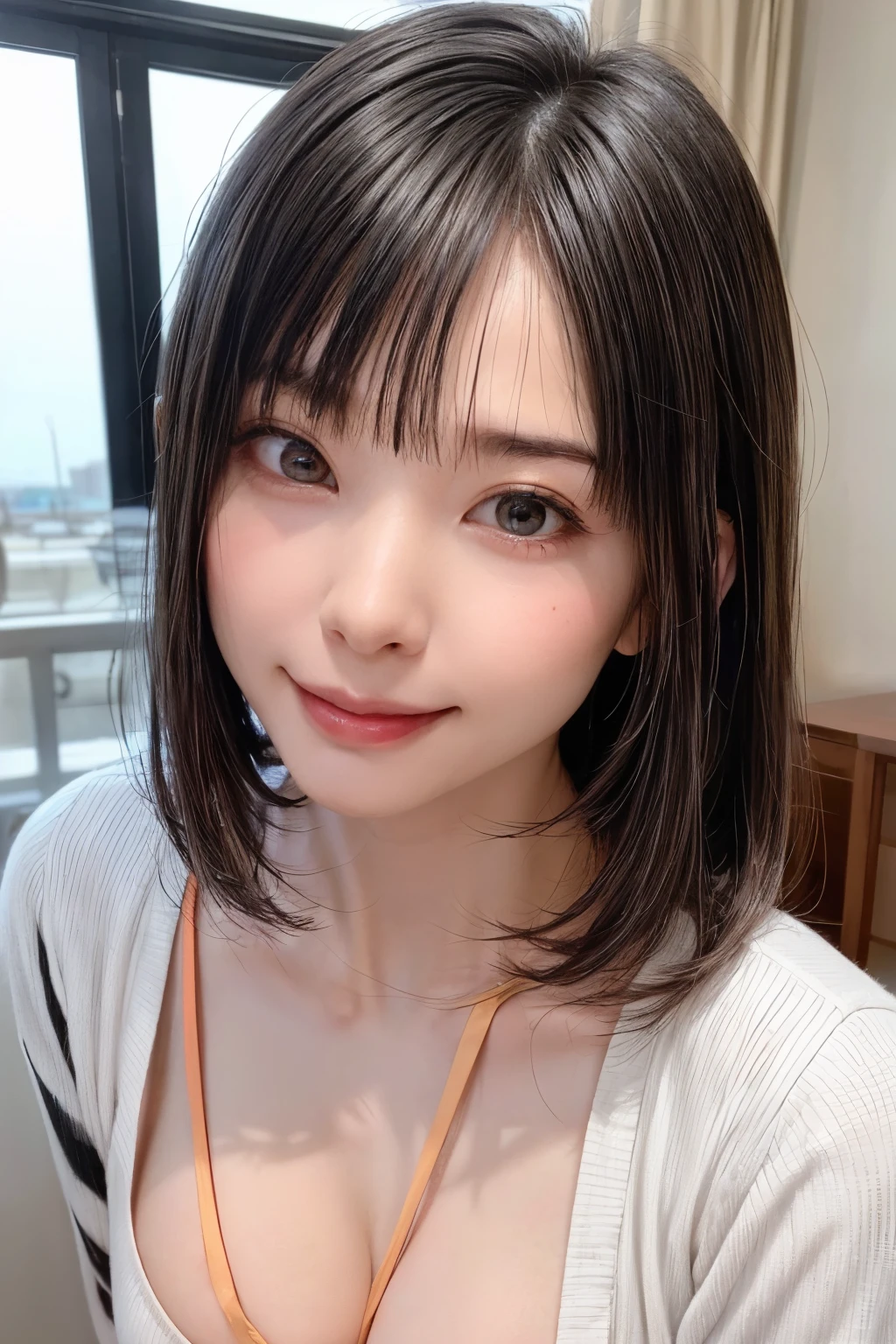 ((masterpiece)), ((Highest quality)), ((Complex)), ((Surreal)), (Realistic), (Mature Woman), ((There are no classes)), Very detailed, (1 female), Beautiful and exquisite, (Beautiful Teeth), Grin, Brunette Bob Hair, Brown eyes, ((blouse)), (Upper Body), (background:none), Perfect Eyes, Captivating eyes, Looking at the audience