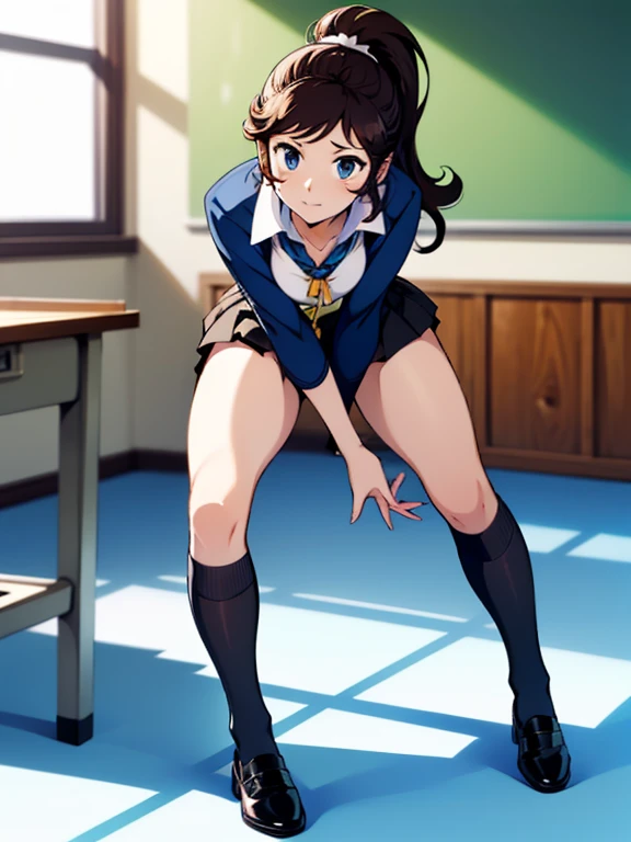 solo, 1girl, , hazuki katou,.,looking viewer ,grin,medium breasts,classroom,blazer,miniskirt,socks,(panties,),(((Gyaru)))