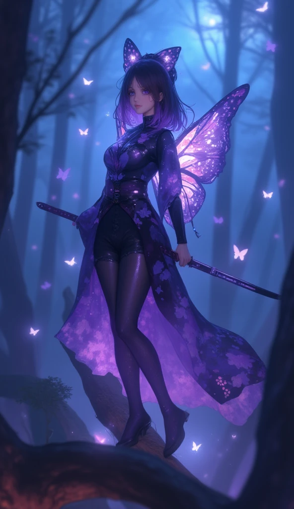 (a woman, villain),(surrounded by butterflies),(wearing a gray and purple costume),(with a cocoon-shaped brooch),(holding a cane),(in an imposing pose).