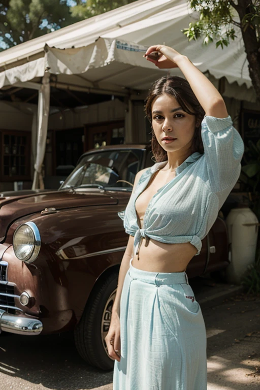 Une femme cubaine, sa personnalité rappelle le charme intemporel de La Havane. Ses yeux, rempli d'histoires, les yeux sont d'a slight shade of green, dégageant de la sagesse et le sex avec une touche de malice. His lips, riche et rouge, reflect the vitality of French sex. Ses cheveux, aussi sombre et fluide que le ciel nocturne cubain, encadre son visage. dressed in'une tenue sexy traditionnelle cubaine, the vibrant colors seem to reflect the'very spirit of Cuba. L'environnement qui l'surrounds features a mix of symbolic street scenes from Cuba : des voitures anciennes., colorful buildings, and the celestial blue sky