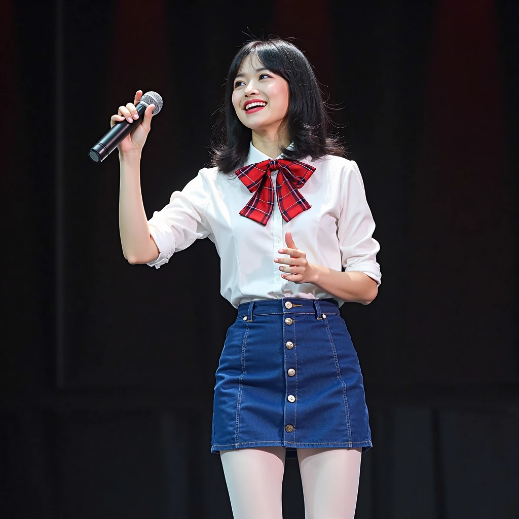 idoly,Stage costumes,be on stage,holding a mic,of a real,tmasterpiece。multicolored lights。