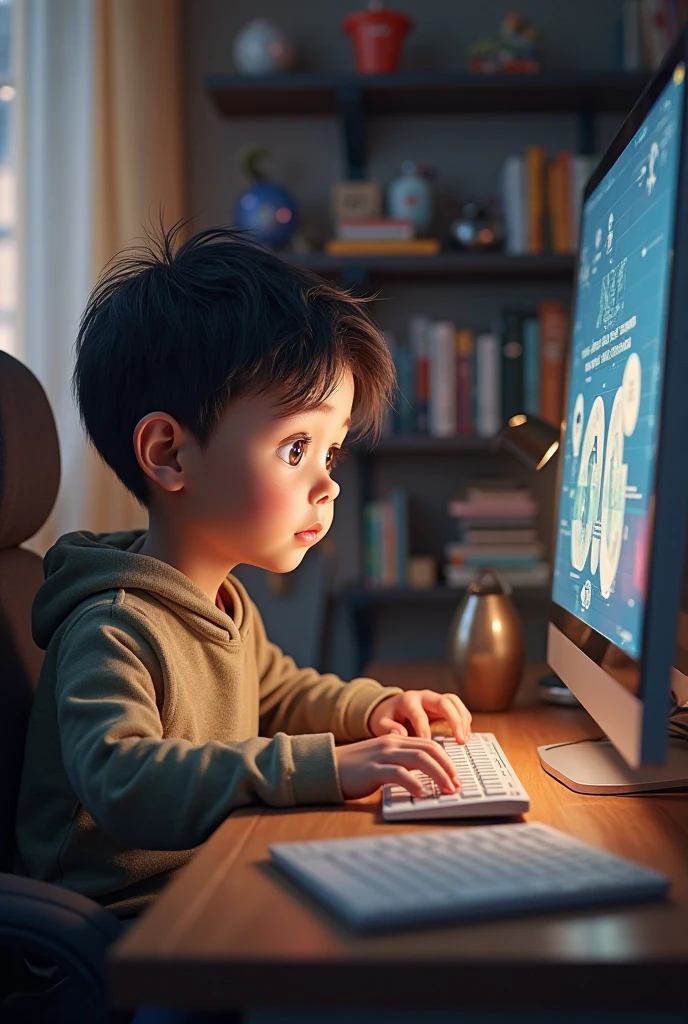 small, four year old boy, with big brown eyes plays on a big computer, with a large monitor in the game.