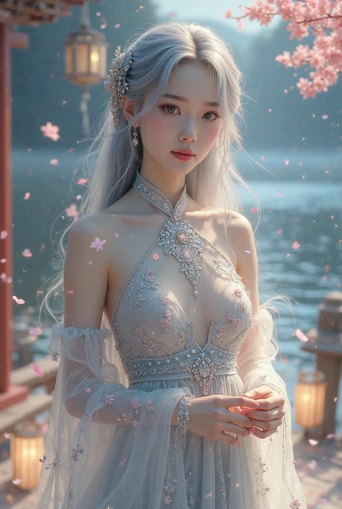 Special clothes44,lace trim,midriff,shirt,miniskirt, ((knee shot)), of a real、realisticlying、real photograph、One hand resting on his lips、周围头发有白butterflys兰，Lilac dendrobium、orange lily、white lilies、1 girl in、fully body photo、White hair、floated hair、Hazy beauty、A plump chest, Chopping, Have extremely beautiful facial features、Hairpin on the head、Lie in the flowers、Drag your chin with both hands、perfect hand、rosette、(springtime、raining day、butterflys、precipice)、 vectorial art、Chinese contemporary art、Soft lighting、intertwined scarves、looking-down