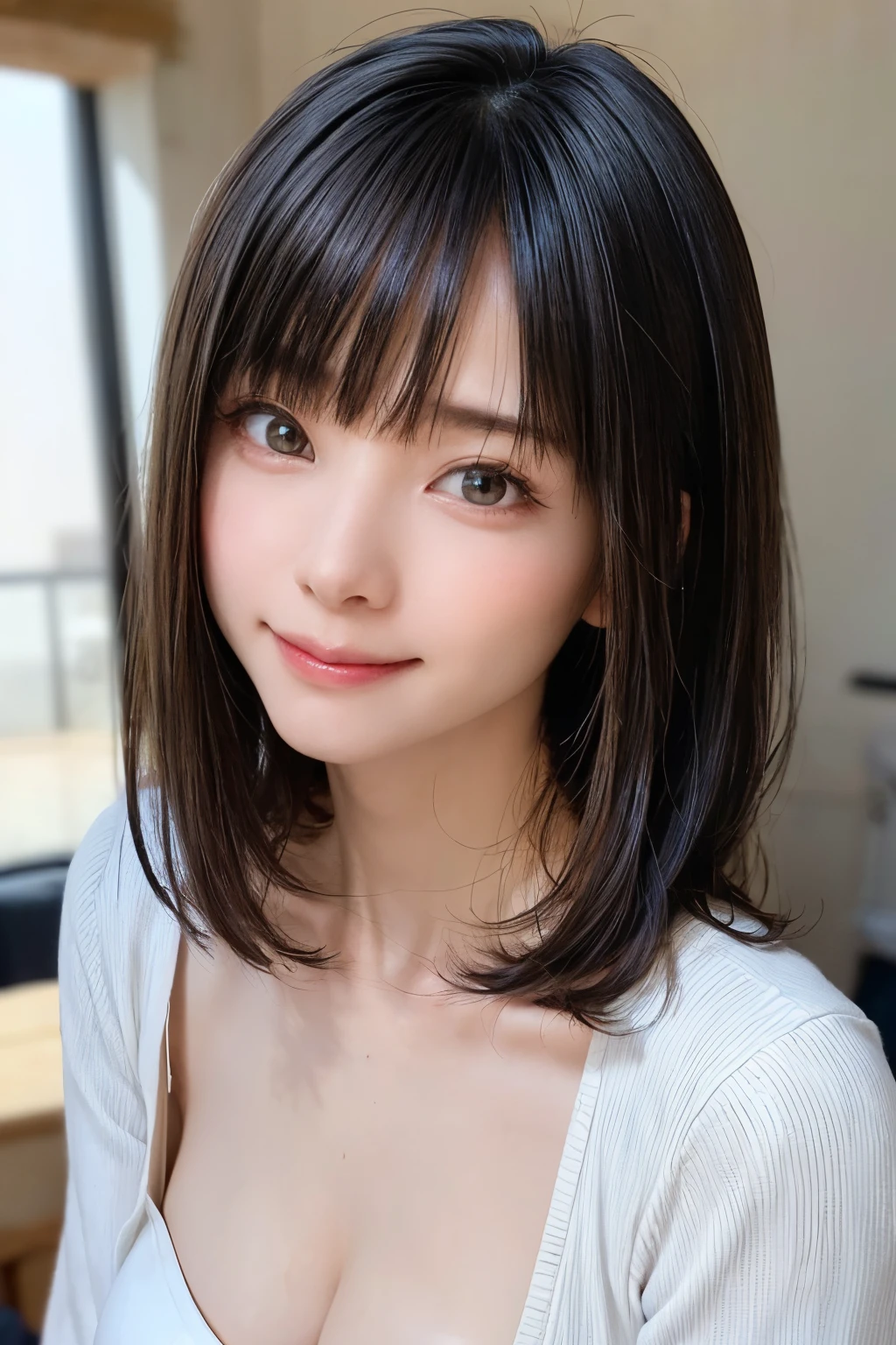 brightexpression、photorealistic stick:1.32、highest quality、超A high resolution、Photos of the most beautiful Japan girls、cute and beautiful face details、small face、(Pueros face_V1:0.008)、Beautiful bangs、14 years old、Brilliant white skin、hair gets tangled in face、Bangs that reach down to the face、bangs、hair between eyes、super long hair、charming brown silky hair、bright、Clear light blue eyes shine charmingly、ample breasts、Dynamic poses highest quality、disorganized、((the cutest girl in the world))、Japanese、14 years oldの女の子、Cafe、((lace dress:1.3))、(half up hair:1.3)、(tie with a thin ribbon)、nice and cute、innocent smile、nice smile、cleavage、(big breasts:1.3)、ponytail、brown hair、thin waist、detailed beautiful eyes、face forward、Upper body、close up of face、Front view、