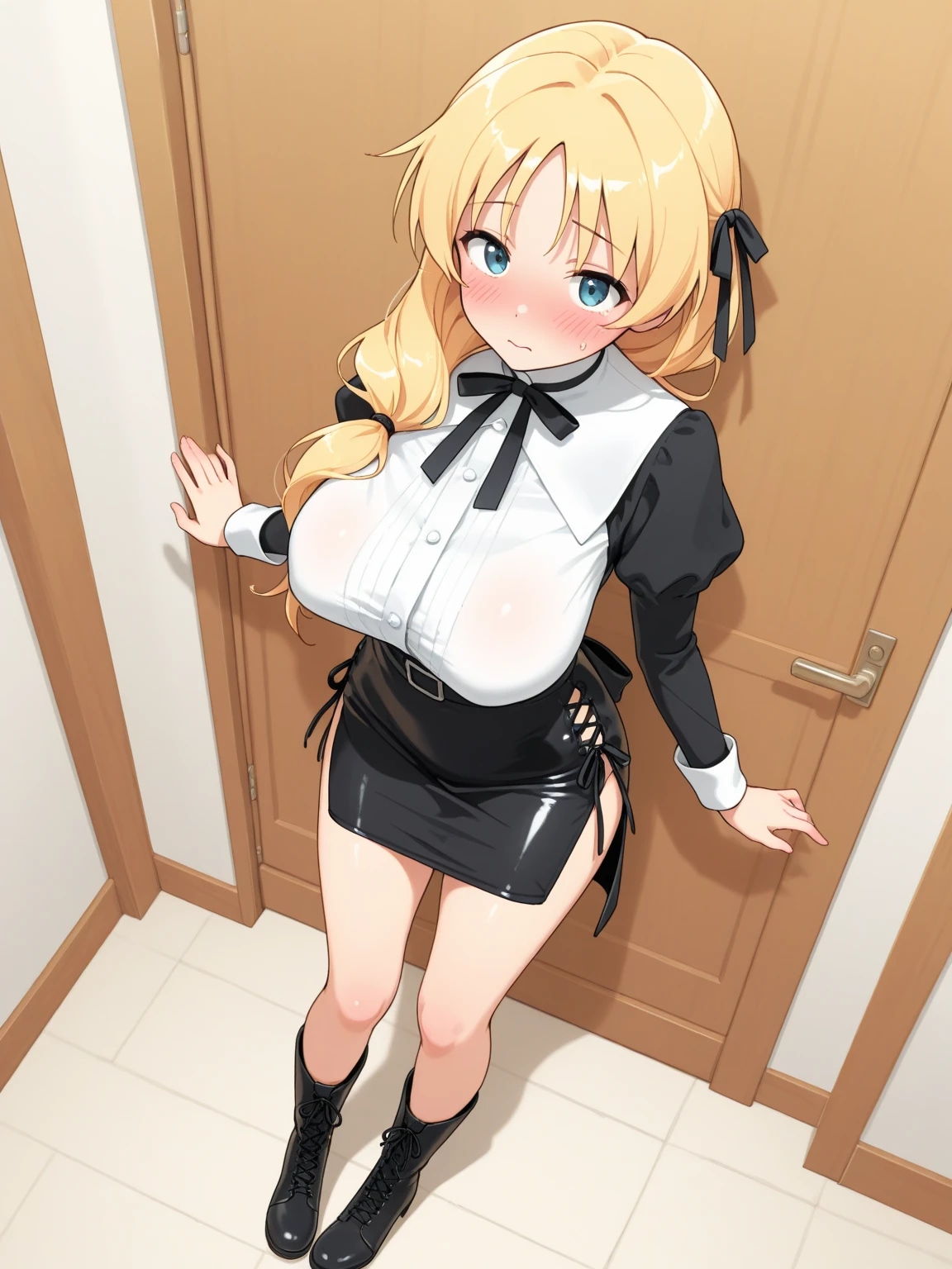 Browsing Caution,Sweat,White Breath,Demon slayer,Terauchi Kiyo,Groin bulge,Standing posture,Large areola,White steam,Small breasts,Bunny costume,blonde low twintails,Open the red curtains,corridor,Welcome,smile