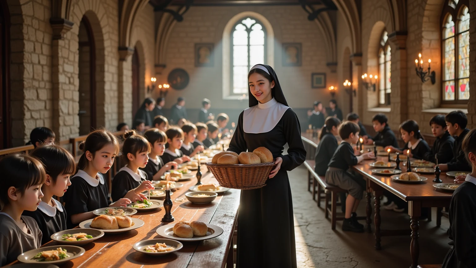 documentary photo, photo-realistic, dramatic scene, 1 girl\(Japanese cute girl, famous Japanese idol, young beautiful Catholic nun, wearing traditional black and white habit, standing, smile\), kind-hearted nun holding a large wicker basket filled with freshly baked bread, distributing bread to young orphans, medieval monastery refectory, long wooden tables, warm candlelight, sunlight streaming through arched windows, young orphans sitting patiently, worn but clean clothing, humble expressions, quiet anticipation, nuns serving food with kindness, bread and soup on rustic clay plates, sense of comfort and charity, historical stone walls with intricate carvings, stained glass casting colorful light, heartfelt atmosphere