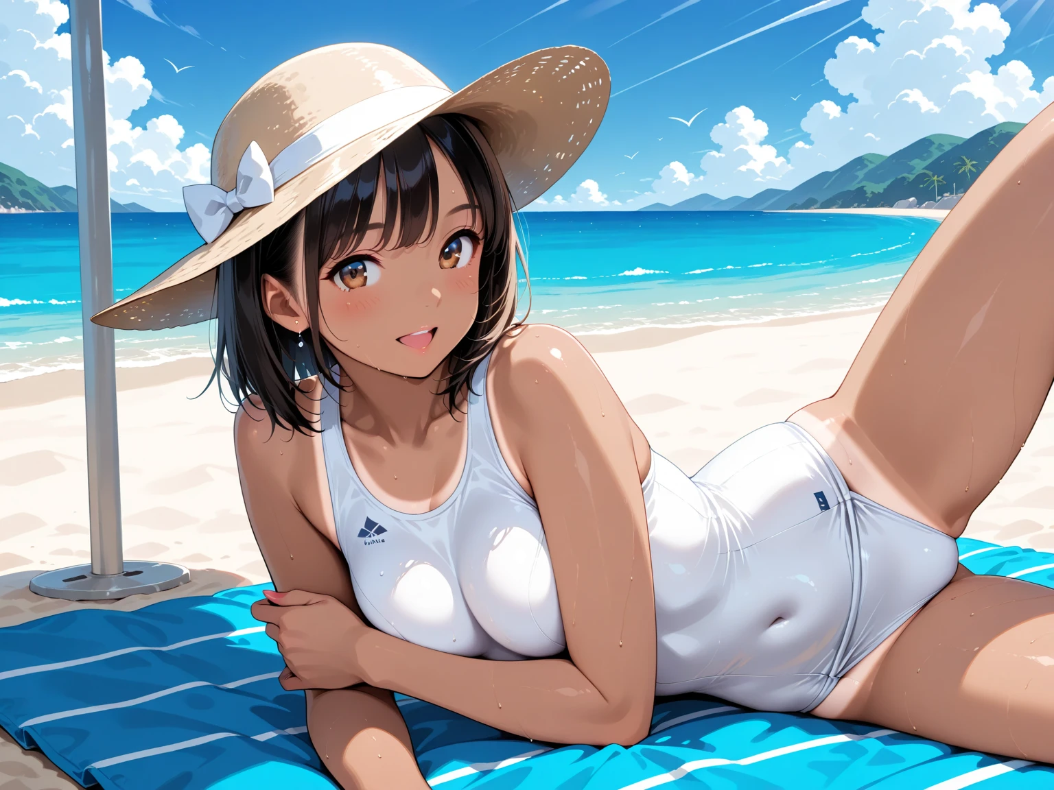 Girl, , small breasts, black hair, short hair, very short white micro bikini, sitting with legs apart, squatting, low angle, downward perspective, facing straight ahead, smiling, sexy pose, thick thighs, bowlegged, Japanese, sea, straw hat