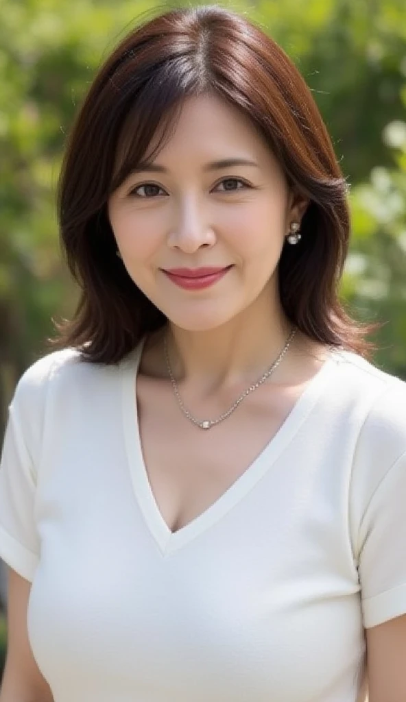 8k wallpaper, masterpiece, Highest quality, Super detailed, One Mature Woman, 50 years old, Become very clear, Wearing a short-sleeved blouse, Skin dents, Captivating smile, Looking at the audience, Cleavage, plump, Curvaceous, Fascinating face, Smiling with teeth showing, Wrinkles around the eyes, Sitting on a park bench, Background Blur