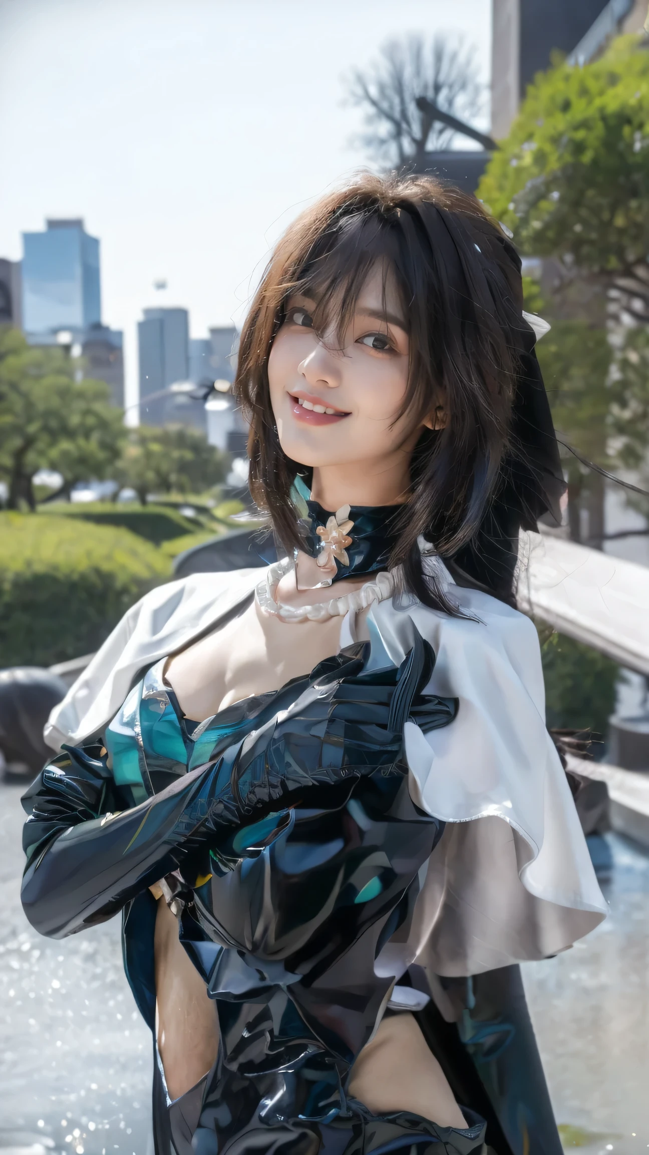 (Masterpiece), best quality, HD, 4K, expressive eyes, perfect face, blue eyes, greeneyes, black choker, smiles, ruby necklace, masterpiece,best quality,(cityscape:1.4),(street:1.4),(outdoors:1.3),(photorealistic:1.4),(ultra detailed:1.3),unity 8k wallpaper,1girl,solo,long hair,jewelry,latex bodysuit,latex gloves,necklace,nun,