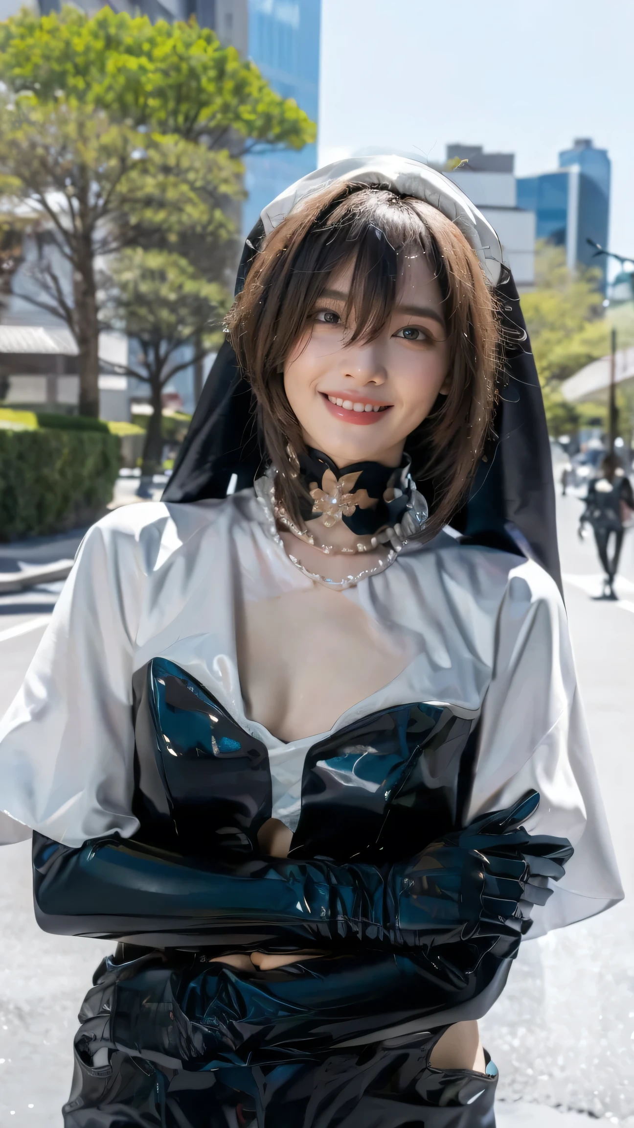 (Masterpiece), best quality, HD, 4K, expressive eyes, perfect face, blue eyes, greeneyes, black choker, smiles, ruby necklace, masterpiece,best quality,(cityscape:1.4),(street:1.4),(outdoors:1.3),(photorealistic:1.4),(ultra detailed:1.3),unity 8k wallpaper,1girl,solo,long hair,jewelry,latex bodysuit,latex gloves,necklace,nun,