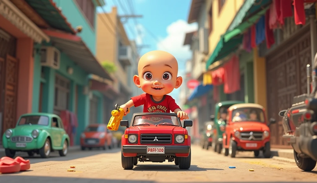 Create a scene where an adorable blonde real baby is wearing a firefighter outfit, wearing a helmet and is riding in a fire department baby car parading down the runway, 4k motion camera