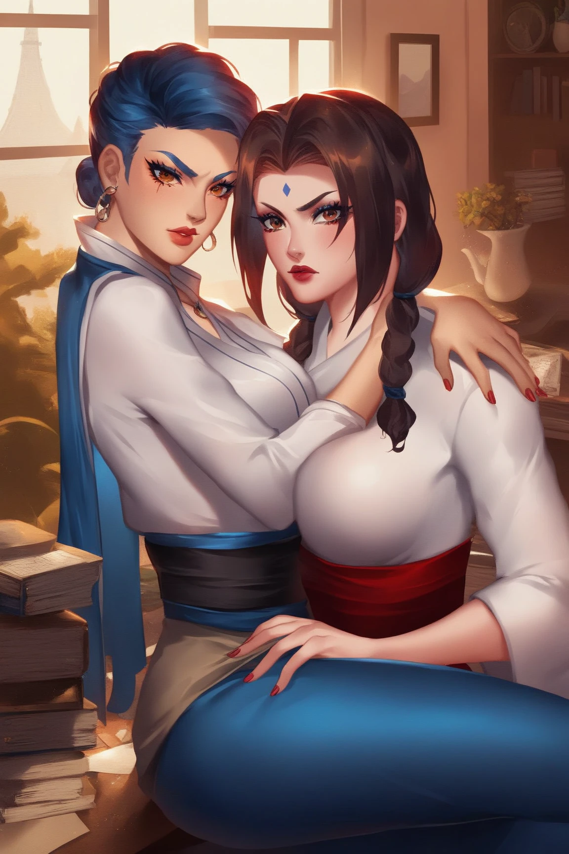2girl, BREAK, mei_\(overwatch\), blouse, pants, BREAK, Kiriko_\(overwatch\), kimono, BREAK, gorgeous, 4k, hd, room, looking at the viewer, repaired eyes, correct anatomy, natural colors, anime, very closet-up, artgrem, from front sadistic, half-closed eye, standing