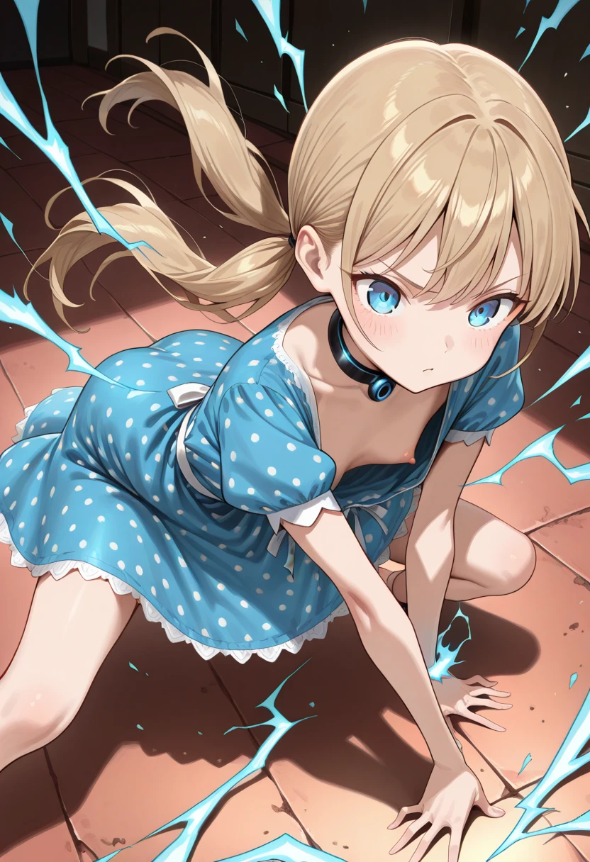 1girl,solo,pulesia,blonde hair,short hair,(blue vest,white dress),Side pony tail,(chibi:1.3),boots,(upper body:1.3),open mouth, embarrassed ,blush,spread armpit, arms behind head,(spread legs:1.3),(legs up),(cameltoe:1.3),masterpiece,Noise Reduction,perfect anatomy,high resolution, ultra-detailed, ultra-detailed face,game cg,dutch angle ,beautiful detailed eyes,visualart,five fingers, perfect hands, perfect lighting, 