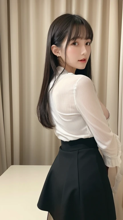 1girl, underwear, solo, pantyhose, panties, ass, bra, shirt, sitting, skirt, blue bra, chalkboard, undressing, brown hair, blue panties, white shirt, desk, classroom, lips, realistic, indoors, teacher, panties under pantyhose, long hair, open clothes, clothes lift, skirt lift, black skirt, from behind