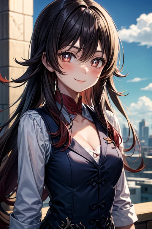 1girl, solo, summer, village, trees, sun, clouds, ((colorful hair)), long hair, curly hair, ponytail, large breasts, ((black blazer)), button down shirt, ((white shirt)), ((short sleeved shirt)), ((unbuttoned shirt)), unbuttoning buttons, cleavage 1:3, brown eyes, skirt, smile, looking at the viewer, standing, touching neck, hair ribbon, golden necklate