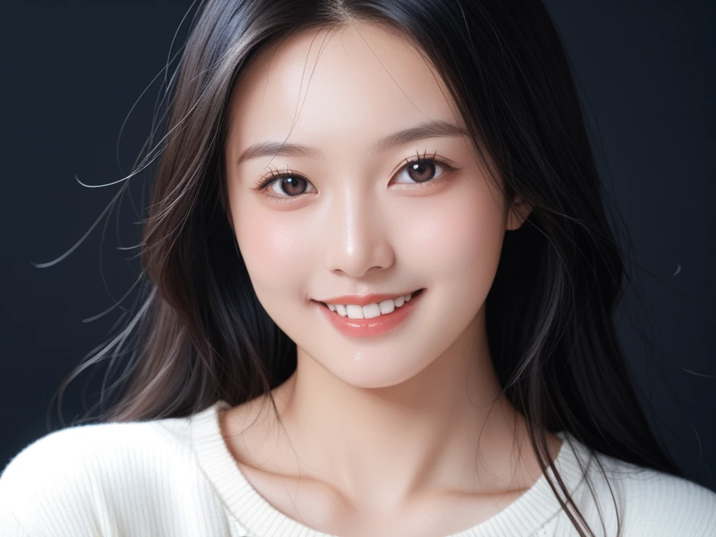 30-year-old woman, Chest Shot, Iris, Black Hair, Warm Background, Grin