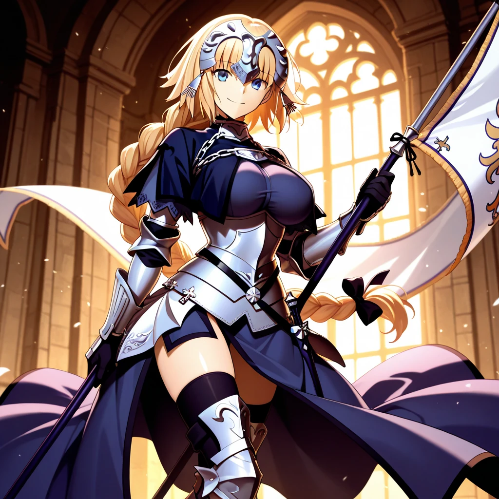 masterpiece, highest quality, High resolution, Extremely detailed CG, Absurd, whole body, One Girl, alone, a girl in armor and a Crown holding a large sword, white armor, Golden decoration, red_Costumes, Off the shoulder, Knee socks, Long Hair, ponytail, blonde, leg armor, Cleavage, Crown, gloves, armor, white gloves, High heels, Off the shoulder armor, >:)