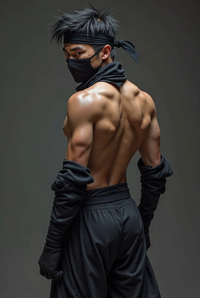 a young male ninja aged 18, athletic and well-muscled body, green eyes, black hair, ninja outfit
