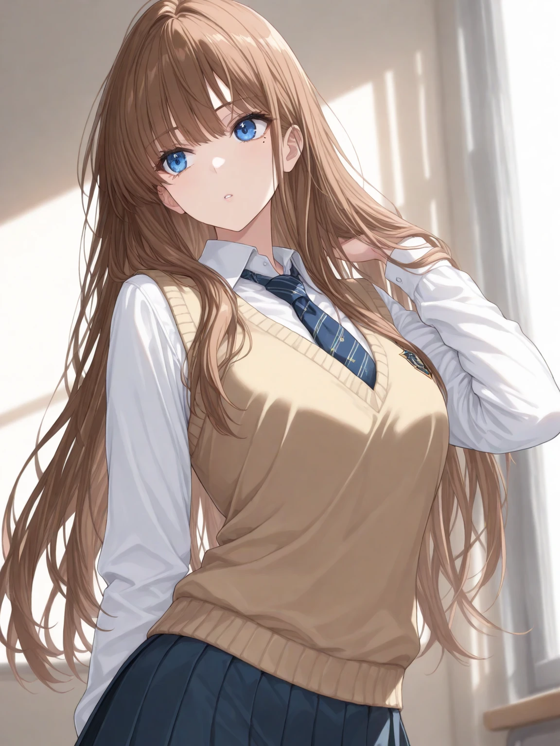 nozomitoujou, nozomi toujou, green eyes, brown hair, curly hair, large breasts, masterpiece, best quality, high resolution, beautiful detailed eyes, extremely detailed face, good lighting, detailed CG, messy hair, school, hallway, white blouse, grey pencil skirt, worried, upset, arm towards viewer