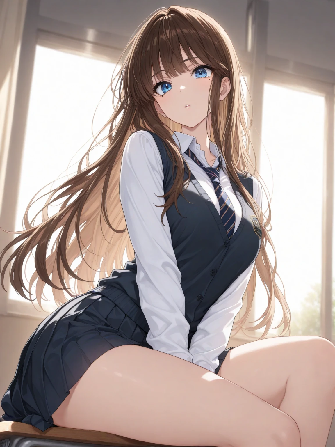 (((night,真night中))),((Dark atmosphere)),((Perfect Anatomy:1.2,Realistic:1.3,Raw photo:1.3,masterpiece、highest quality、Ultra - High resolution、High resolution、Extremely detailed CG、8k)),Cowboy Shot,((attractive way to sit)),((((Crouching pose)))),1 female,alone,18-year-old、High school girl beautiful girl,Japanese,((Beautiful and exquisite face and eyes:1.2,Big beautiful eyes:1.3,)),(Brighten your eyes),((Beautiful woman))、Blonde,Long Hair,(Center parted hair:1.4,amount),Medium chest,((slim body)),Small Head:1.3,skinny,(Brown Skin:1.4),(Oily skin,Glowing Skin,Shiny skin,Sweat:1.2),(school uniform、Dark blue blazer jacket、Checkered pleated mini skirt),(prostitution),Dirty back alley、Tokyo、((Turn your body forward)),(lonely),((Feeling melancholy))、Stick out your crotch、(Apathy),(Lucky)、((Expressionless))