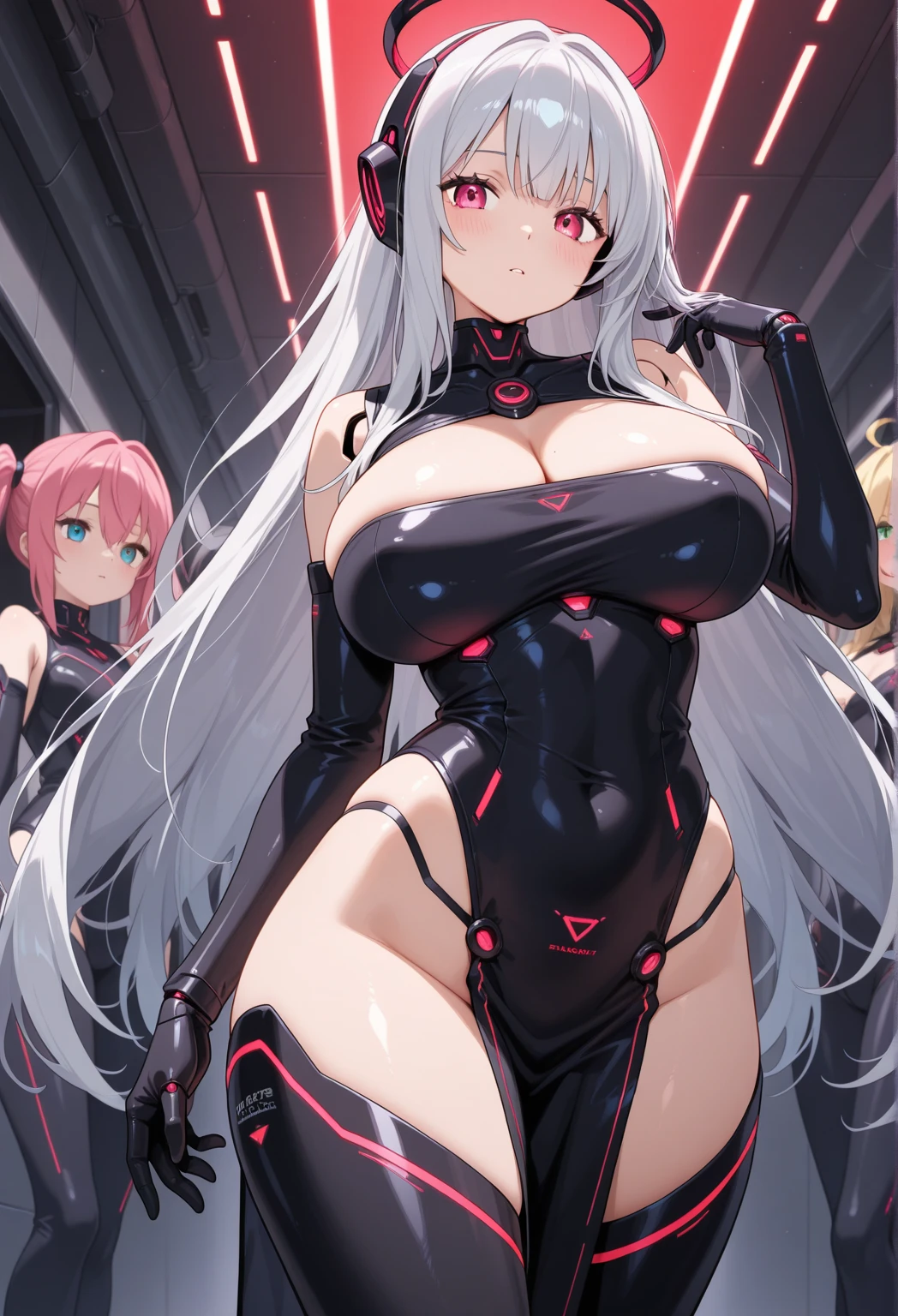 1girl, large breasts, wide hips, white hair, long hair, red eyes, serious, twintails, bikini, black bikini, v-string, shoes, sneakers, neon, neon trim, ((neon trim)), futuristic, tech, machinery, science-fiction, from above, full body