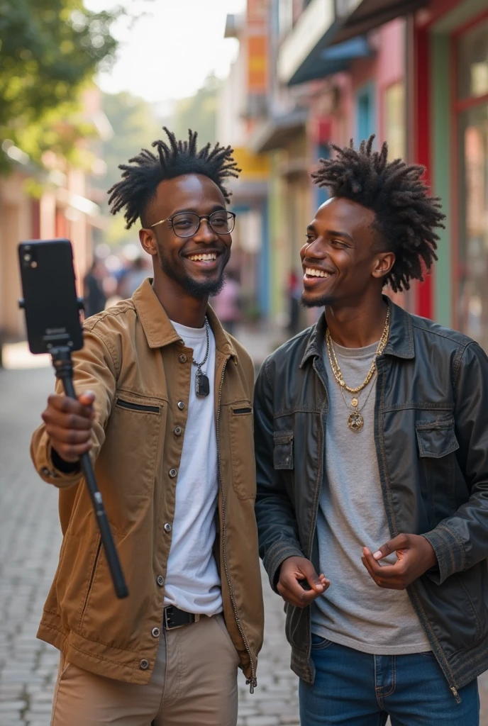 A black man with glasses and a black boy taking a selfie at the amusement park --auto