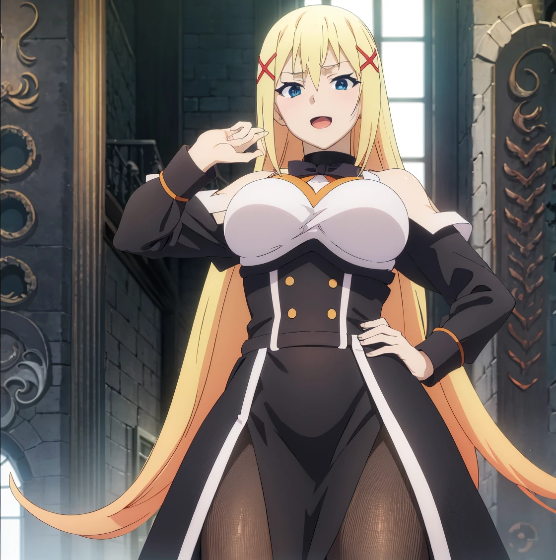 1girl, solo, blonde_hair, pointy_ears, luminous eyes, blue_eyes, long_hair, sexy mature look, intense gaze, 4K resolution, masterpiece, highres, illustration, extremely delicate and beautiful, extremely detailed, upper_body, collarbone, cleavage, medium_breasts, thigh_strap, fit body, sexy muscular, covered six-pack belly,  covered_navel, bedroom,  standing, looking_at_viewer, perfect hips, perfect eyes, perfect hands, perfect fingers, perfect legs, perfect thighs, perfectly drawn anatomy,